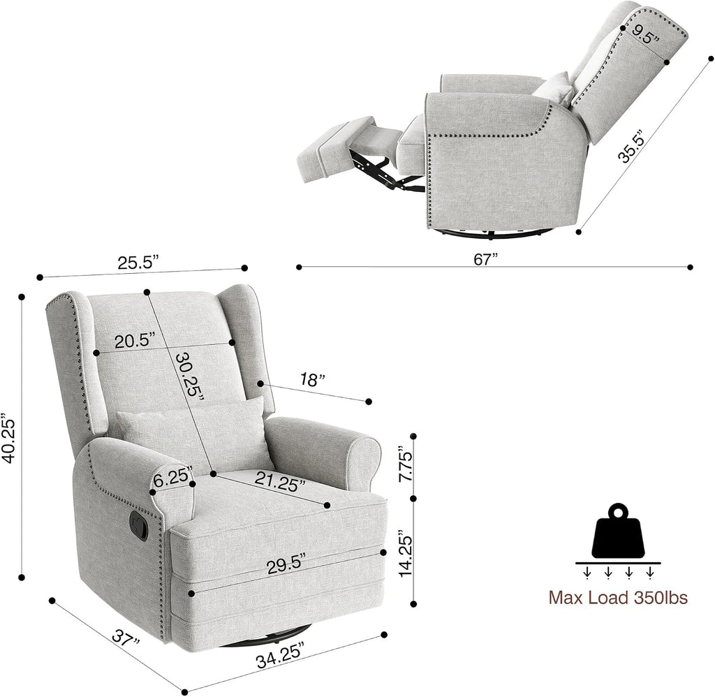 Manual Swivel Rocker Recliner w/ Lumbar Support, Linen Nursery Glider, Gray | 360° Swivel, Nailhead Trim