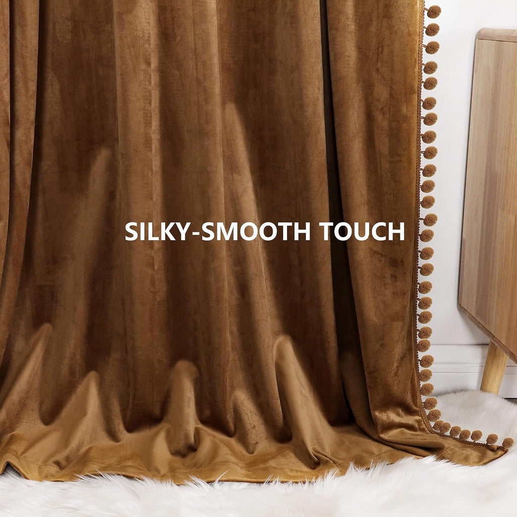 Camel Velvet Pom Pom Blackout Curtains 52x96 Inch 2 Panels | Blackout, Super soft velvet,vintage, luxury, thermal