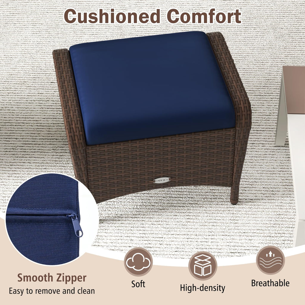 2 Pieces Outdoor Patio Wicker Ottomans with Removable Cushions, Outside Footrest for Additional Seating, Footrest and