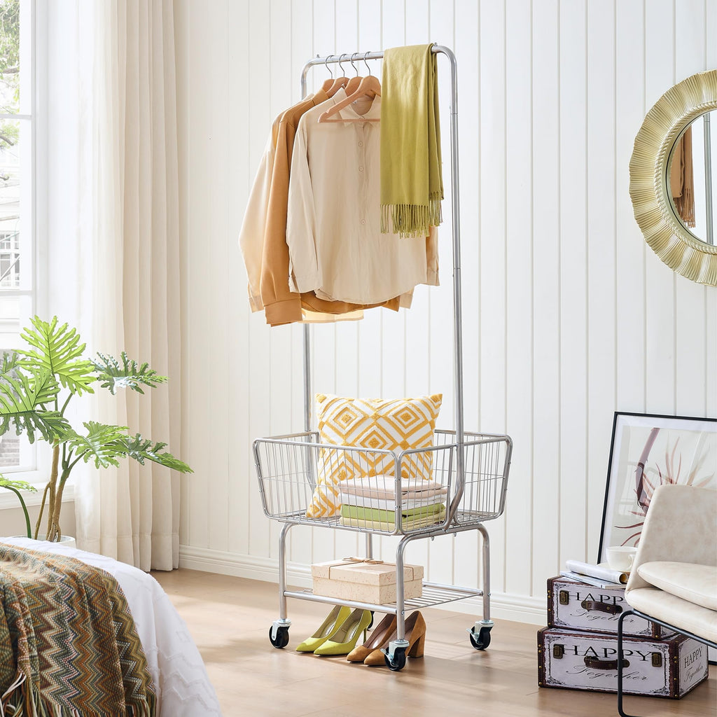 Rolling Laundry Cart with Hanging Rack & Laundry Basket, Silver