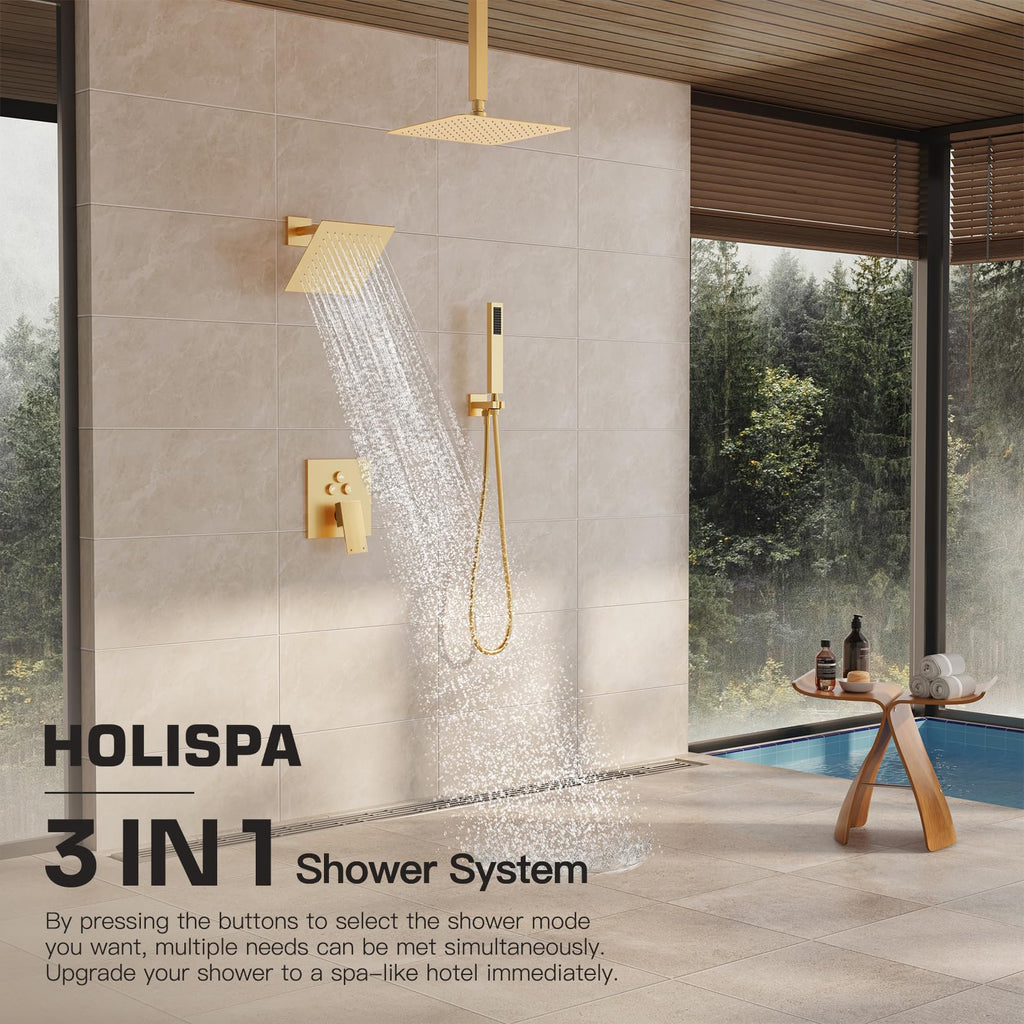 Gold Shower System, All Metal Dual Rain Shower Head with Handheld