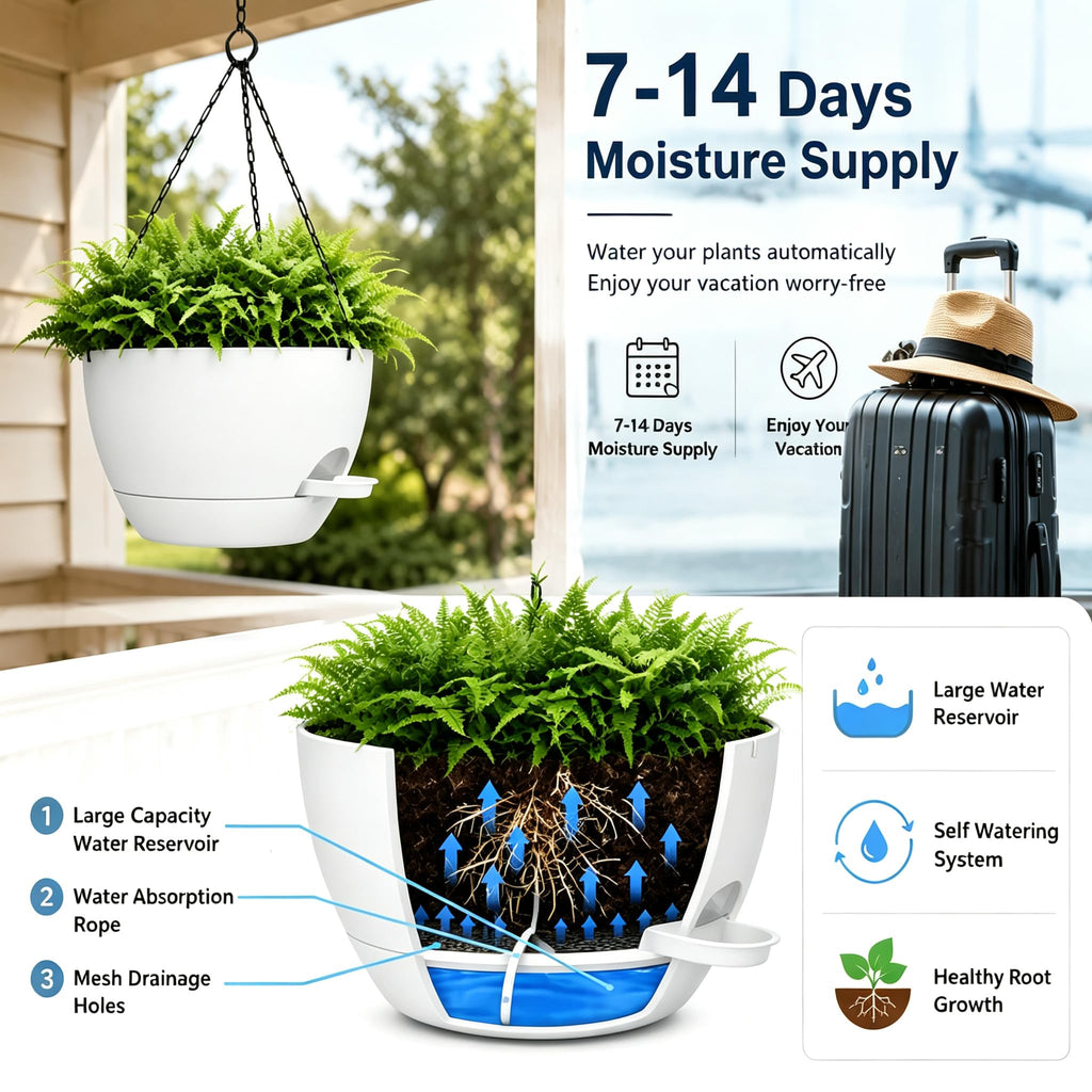 12" Self Watering Hanging Planters with Chains, White, 2 Pack