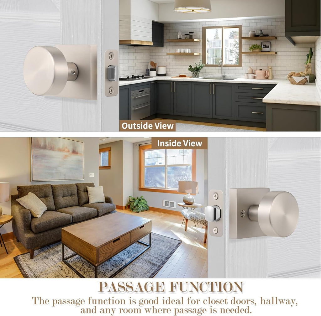 Satin Nickel Passage Door Knobs Interior, Brushed Nickel Door Knob for Closet and Hallway, Modern Interior Round Door