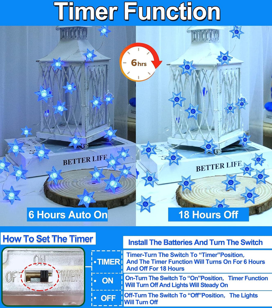 [Timer] 10FT 30LED Hanukkah Decorations Star of David String Lights, Battery Operated Waterproof Blue Lights Hanukkah - Set of 30