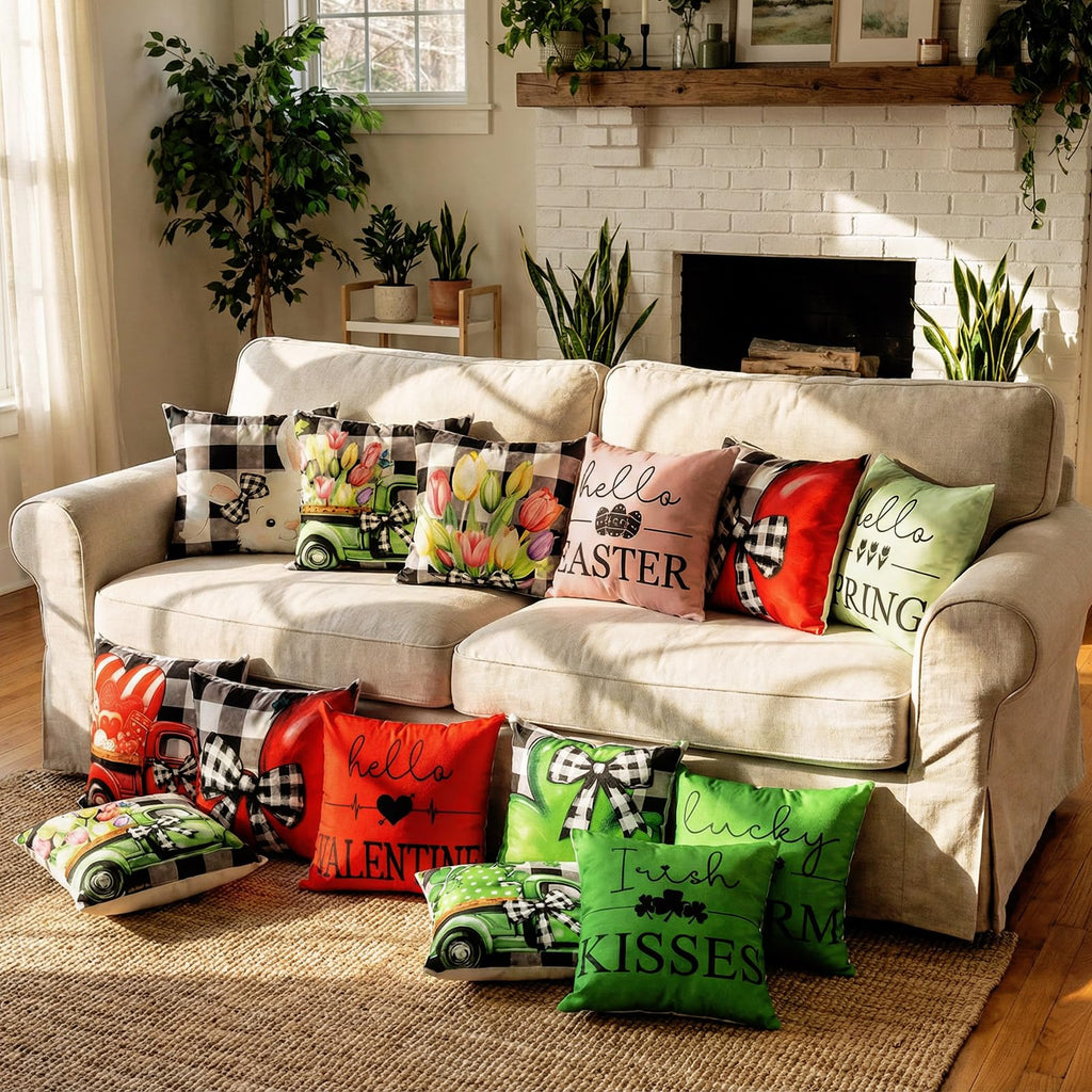 Set of 16 Easter Pillow Covers 18 x 18 Inch Buffalo Plaid Throw Pillow Covers Valentine's Day St. Patrick's Day