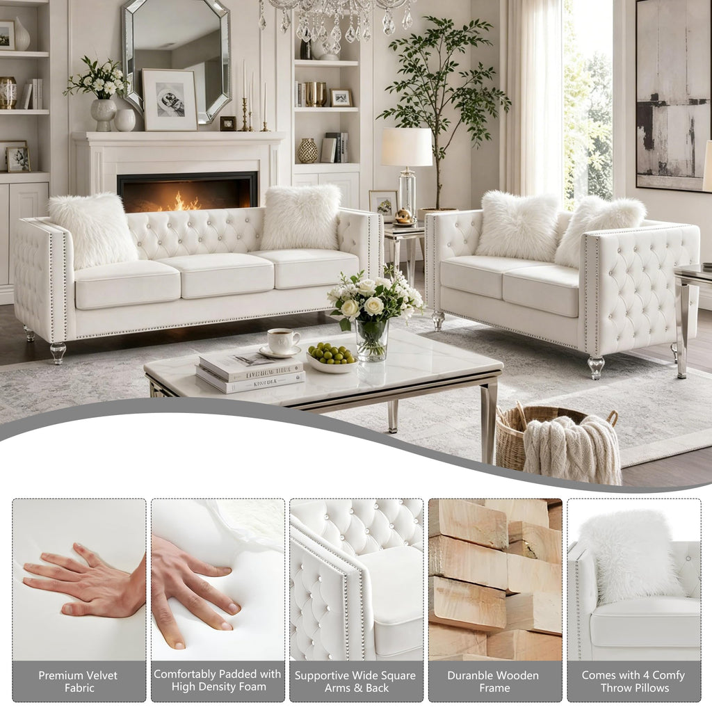 2 Piece Chesterfield Sofa Couch Set, Luxury Crystal Button Tufted Sofas with Silver Nailhead Trim Set of 2, Including