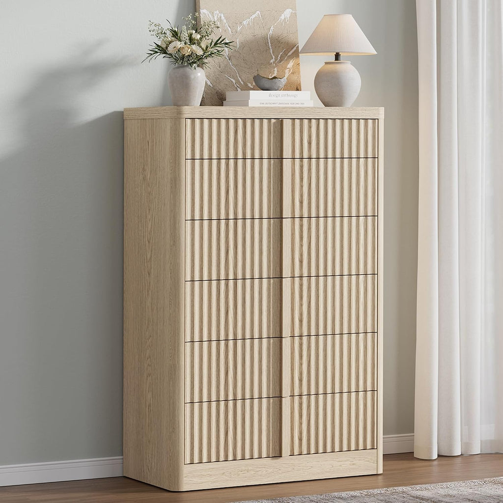 Fluted Dresser , 48" Tall 6 Drawer Dressers, Modern Chest of Drawers with Solid Wood Handle, Curved Profile Design