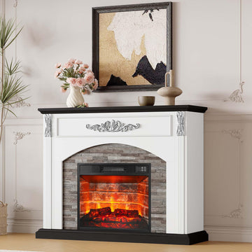 44" Electric Fireplace with Mantel, Stacked Stone Surround, 23 Inch Red Brick Insert Heater with Remote, Black &