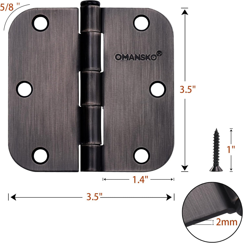12 Pack Door Hinges, 3.5 x 3.5 Inch Oil Rubbed Bronze Hinges for Wood 5/8'' Radius Corners 3 1/2 Inch Interior Door