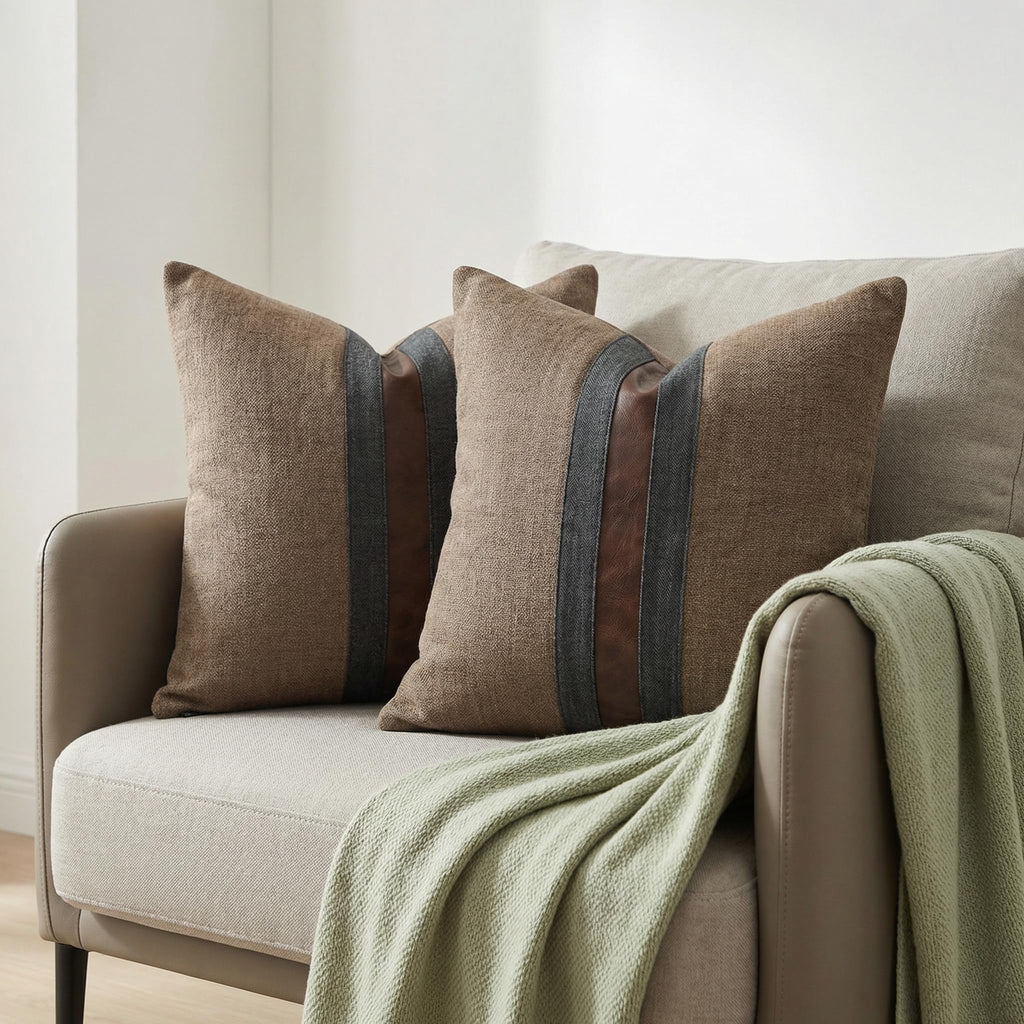 Set of 2 Leather Throw Pillow Covers Cotton Linen Decor Patchwork Pillow Cover Faux Leather Pillows Cover for Couch
