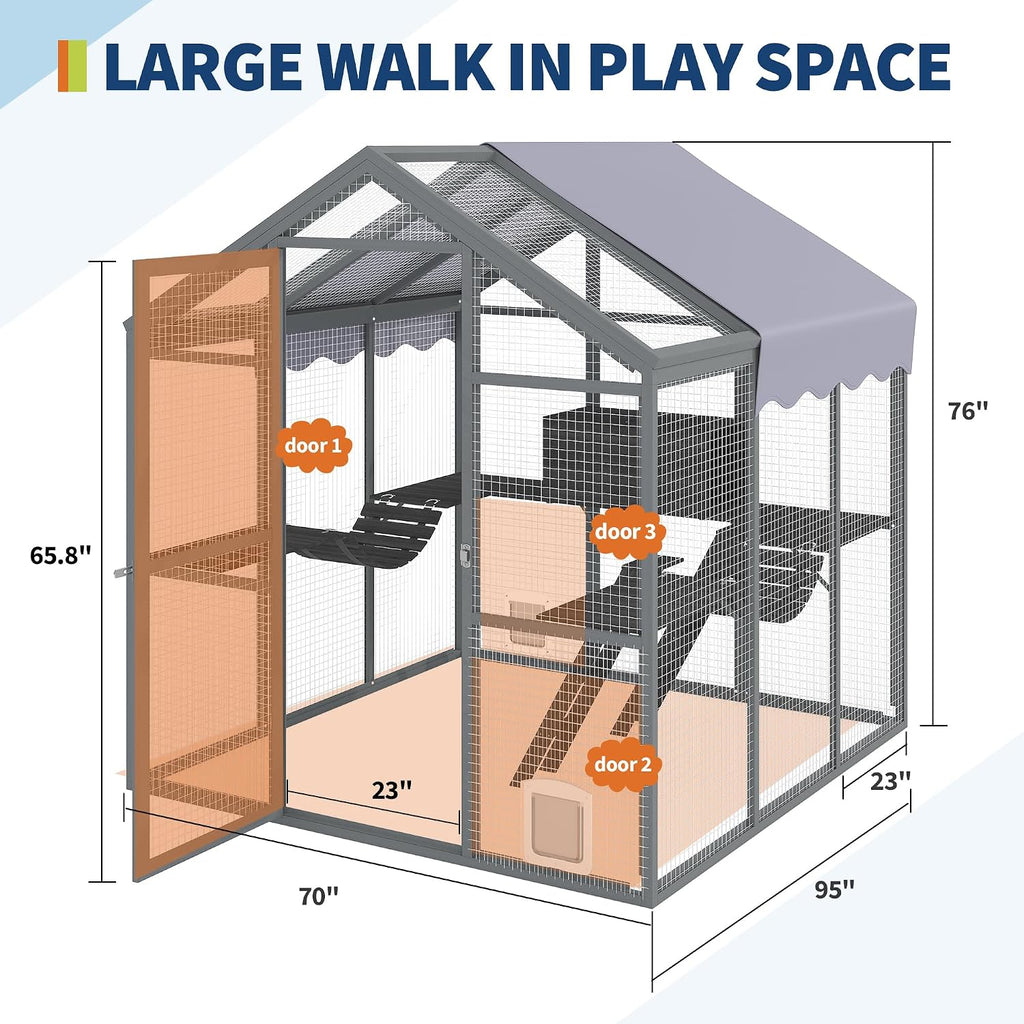 Extra Large Outdoor Catio Enclosure with UV-Proof Cover for Multiple Cats