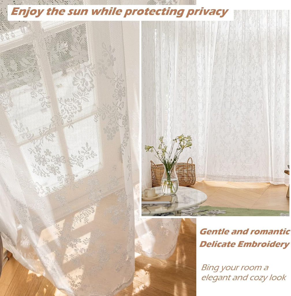 White Lace Sheer Curtains 96 Inches Long Luxury Light Filtering White Drapes Window Treatment for Living Room Bedroom