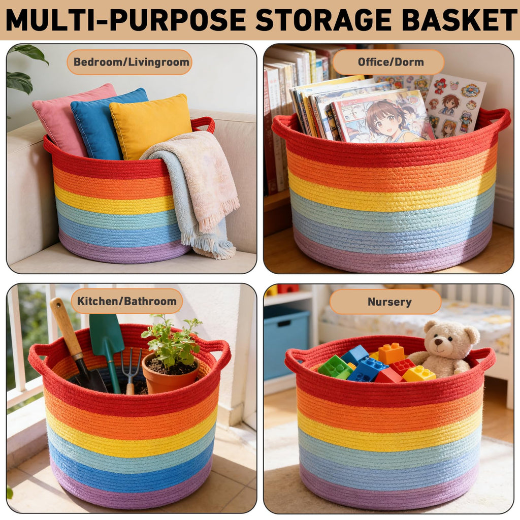 65L Large Blanket Basket, Rope Woven Laundry Basket-Rainbow