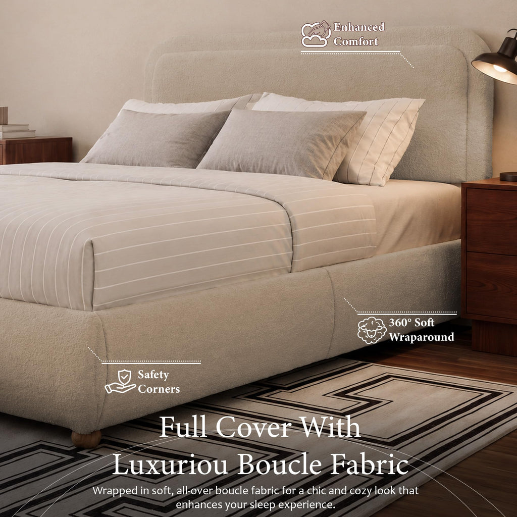 Boucle Cloud Full Bed Frame with Headboard, Solid Wood Legs, Khaki