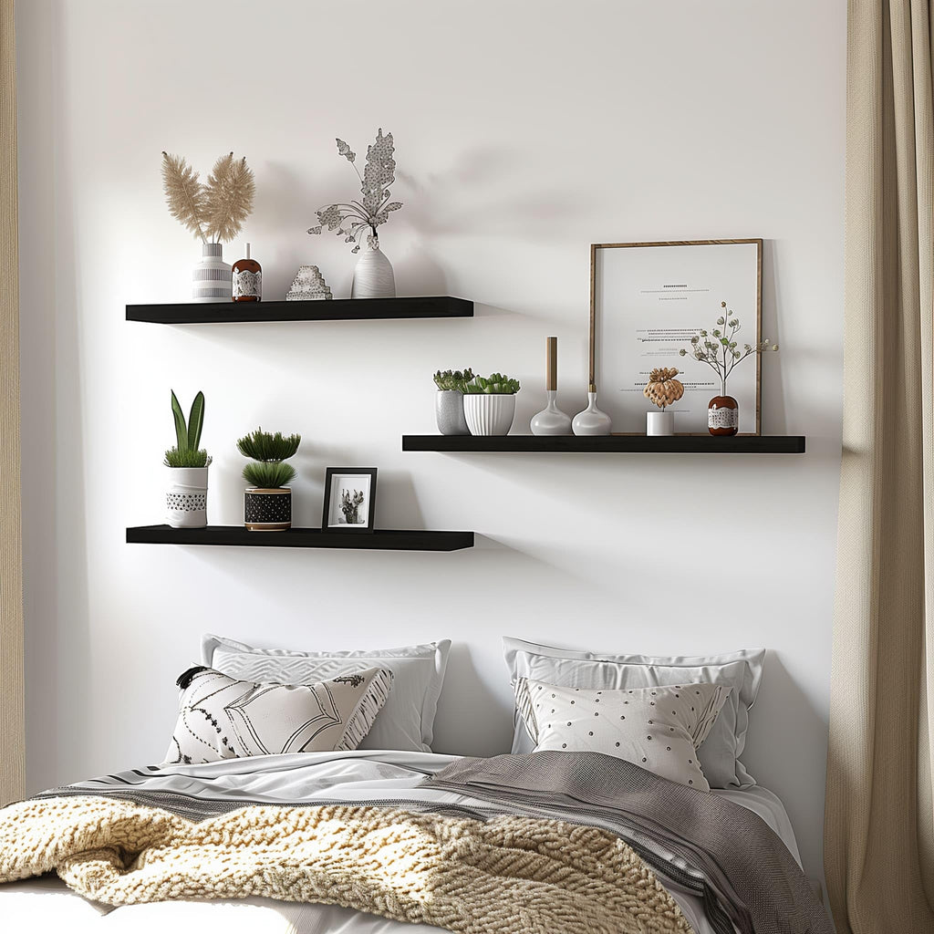 24 Inch Black Wood Floating Shelves for Wall Rustic Wall Shelf Living Room Set of 4