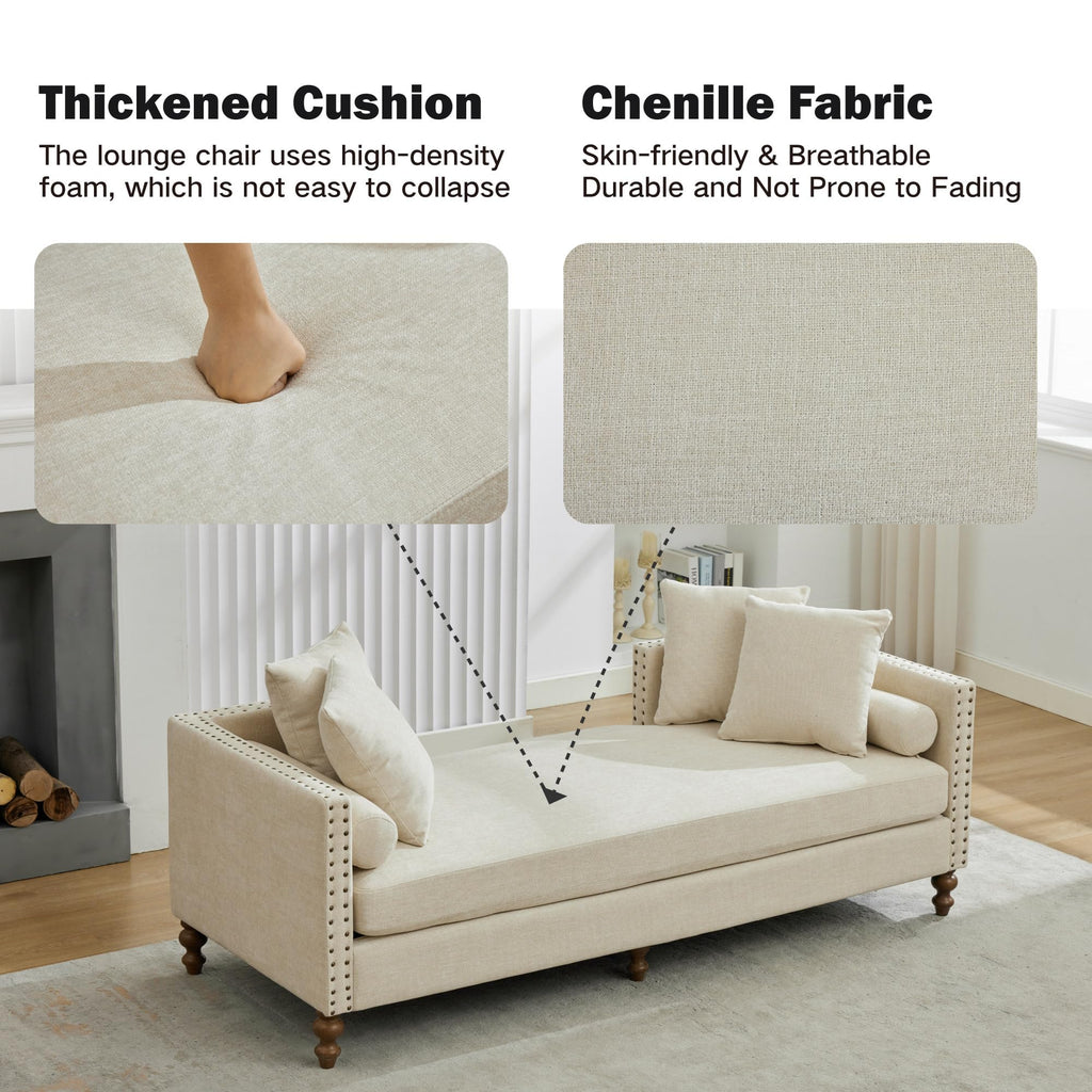 75.2" W Retro Oversized Chaise Lounge Chair Indoor with Left & Right Armrest, 6 Pillows, Solid Wood Legs, Beige
