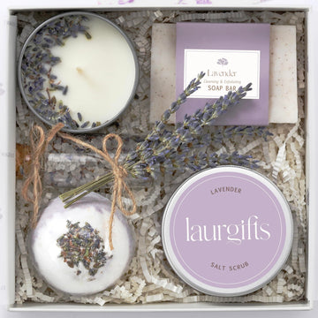 Birthday Gifts for Women - Lavender Spa Gift Basket, Small Candle Set with Bath Gifts, Relaxing Self Care Basket