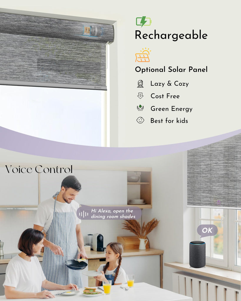 Motorized Natural Woven Roller Shades Half-Shading Compatible with Alexa Google Rechargeable Cordless Remote Control