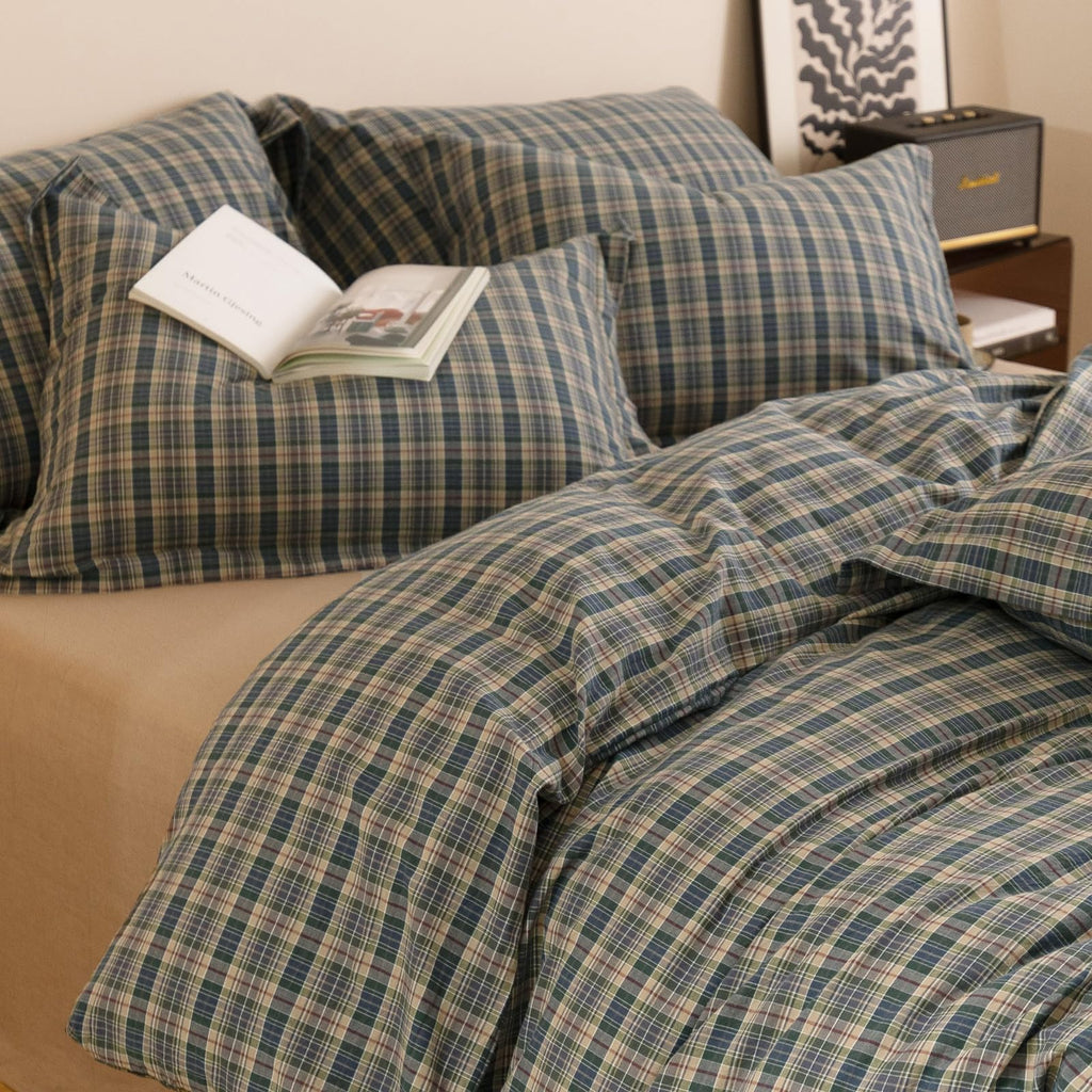 100% Washed Cotton Soft Farmhouse Plaid Duvet Cover, Zipper & Ties