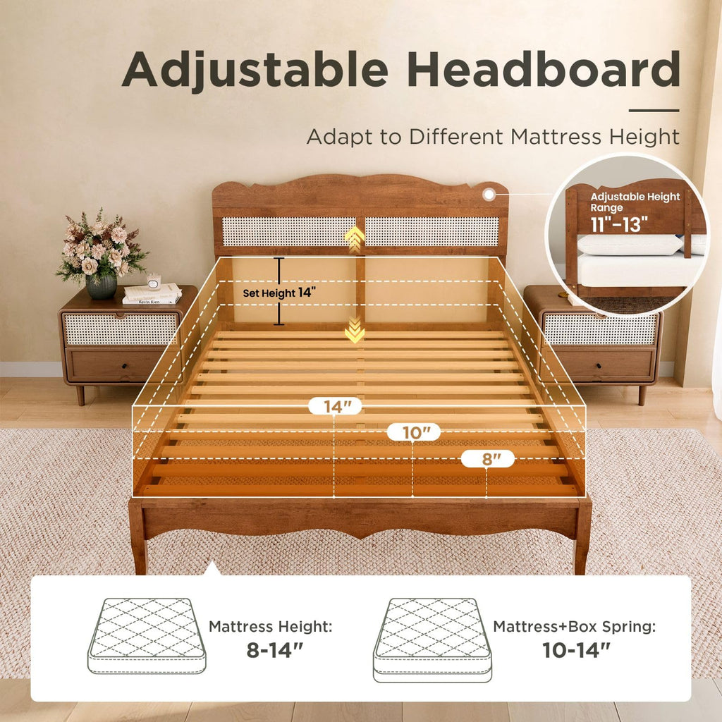 Queen Bed Frame with Headboard, Solid Wood Bedframe