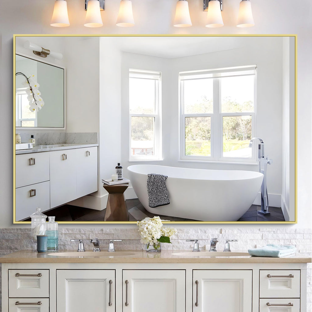Large Gold Bathroom Mirror, 60x40 Inch Rectangular Mirror Sink, Oversized Wall Mirror with Metal Gold Frame