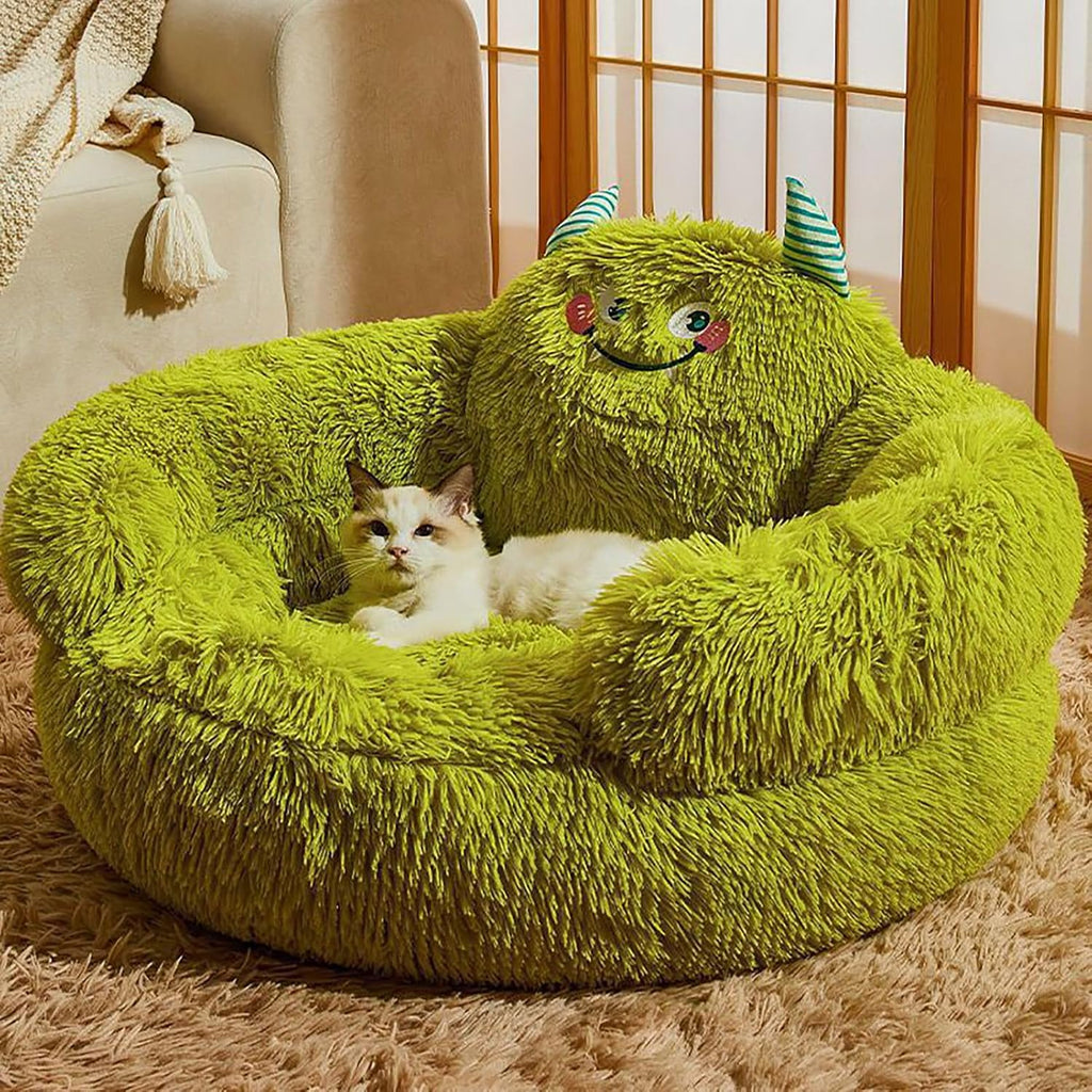 Large Dog Bed with Plush Monster Toy, Green Fluffy Round Pet Bed for Medium to Large Dogs