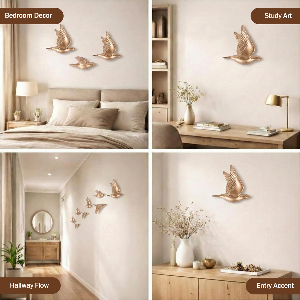 3D Birds Wall Decor Set of 3 Resin Wall Sculpture(Gold)