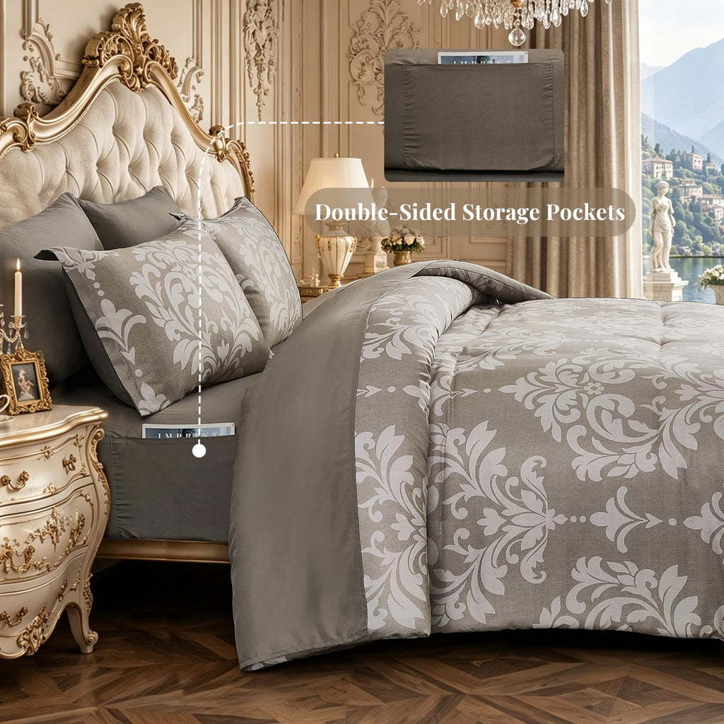 Queen Luxury Comforter Set Taupe 7 Piece Boho Damask Bedding