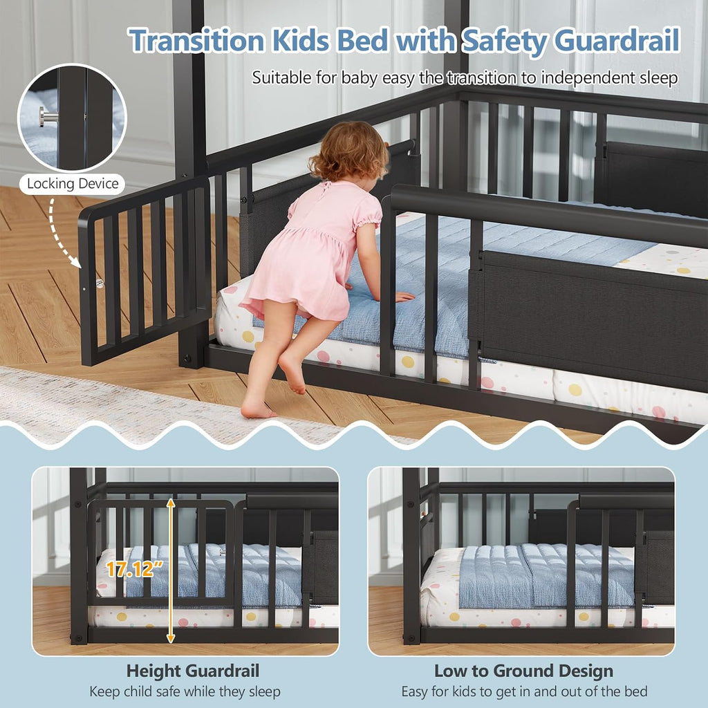 Montessori Floor Bed with Storage Bookshelf and Wood Slats House Floor Bed for Toddlers with Safety