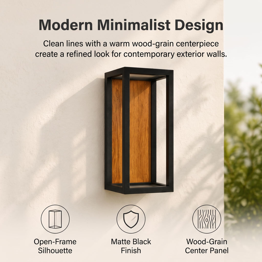 Dusk to Dawn Outdoor Wall Light, Wood Grain Black Frame, IP54