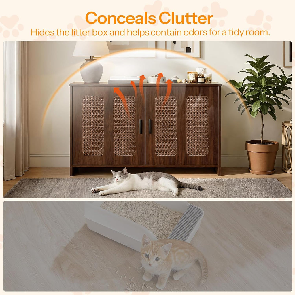 Farmhouse Cat Litter Box Enclosure, Hidden Litter Box Furniture with Side Entry & Vents, Litter Box Cabinet