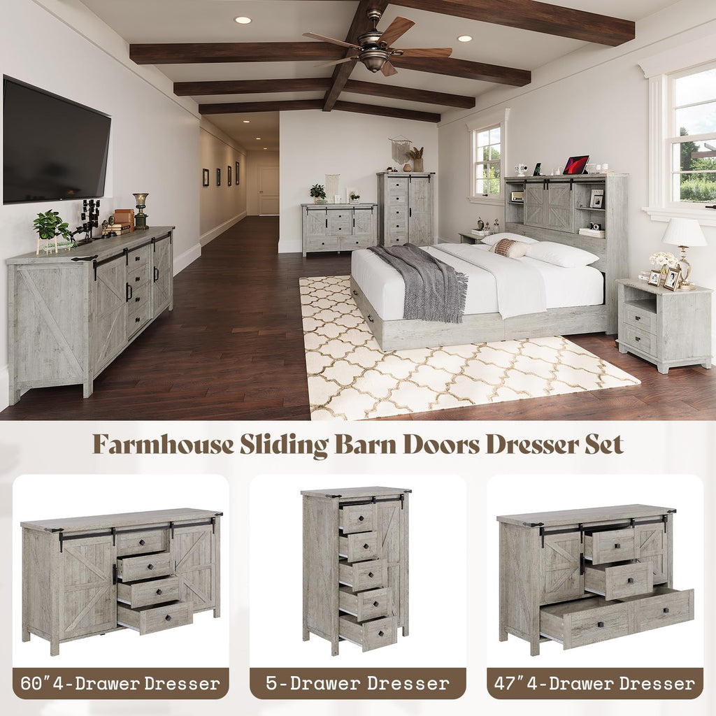 31.5" Farmhouse 5-Drawer Dresser with Barn Doors, Light Rustic Oak