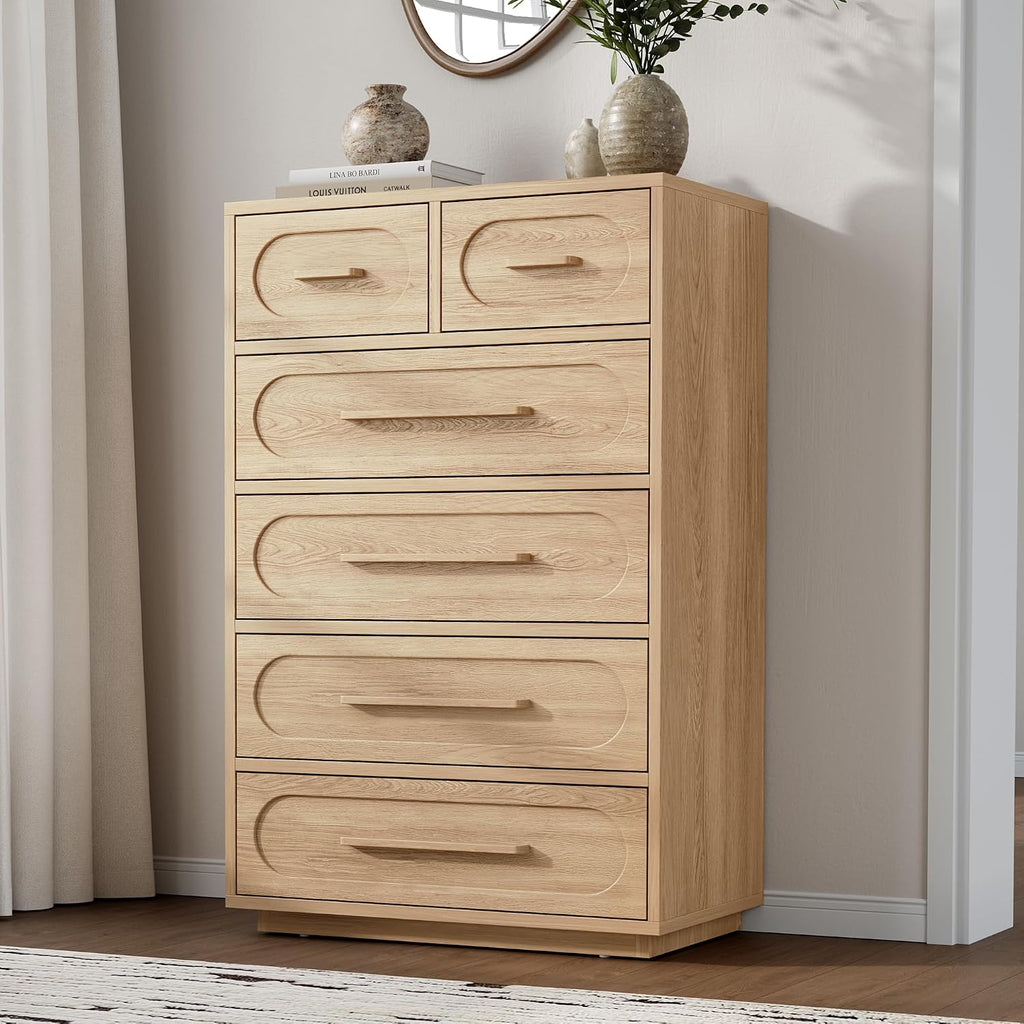 Natural 6 Drawer Dresser , 44" Tall Dressers & Chest of Drawers with Solid Wood Handles, Mid Century Modern Dresser