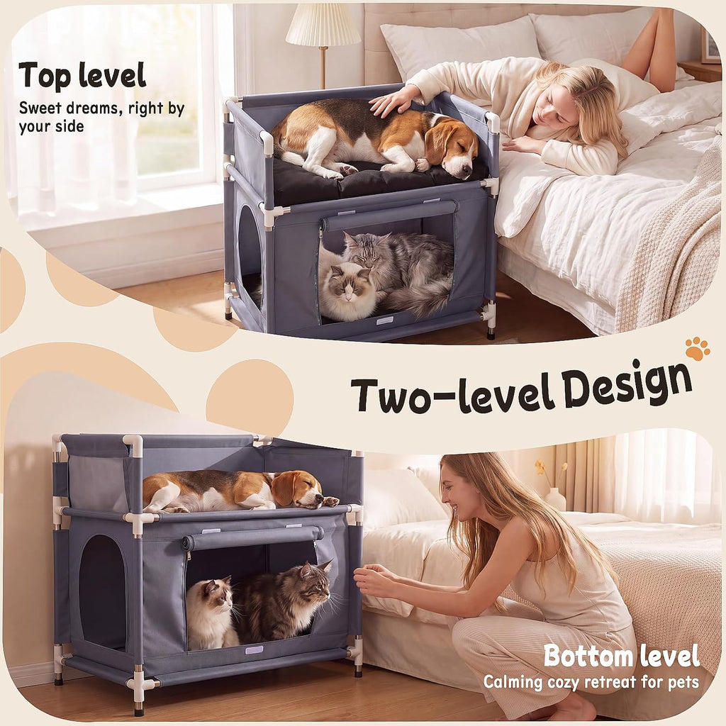 Dog Bunk Bed, Bedside Double-Layer Pet Bed for 2 Dogs