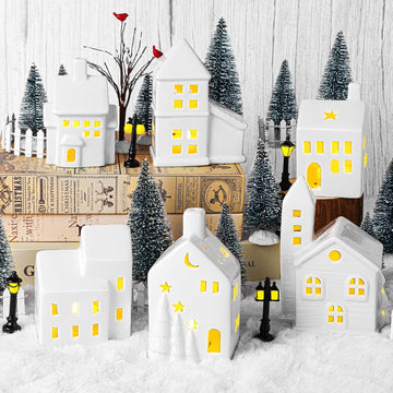 37 Pieces Porcelain Christmas Village Sets 6 Lighted Ceramic Houses with Remote Control LED Tealights, 14 Trees