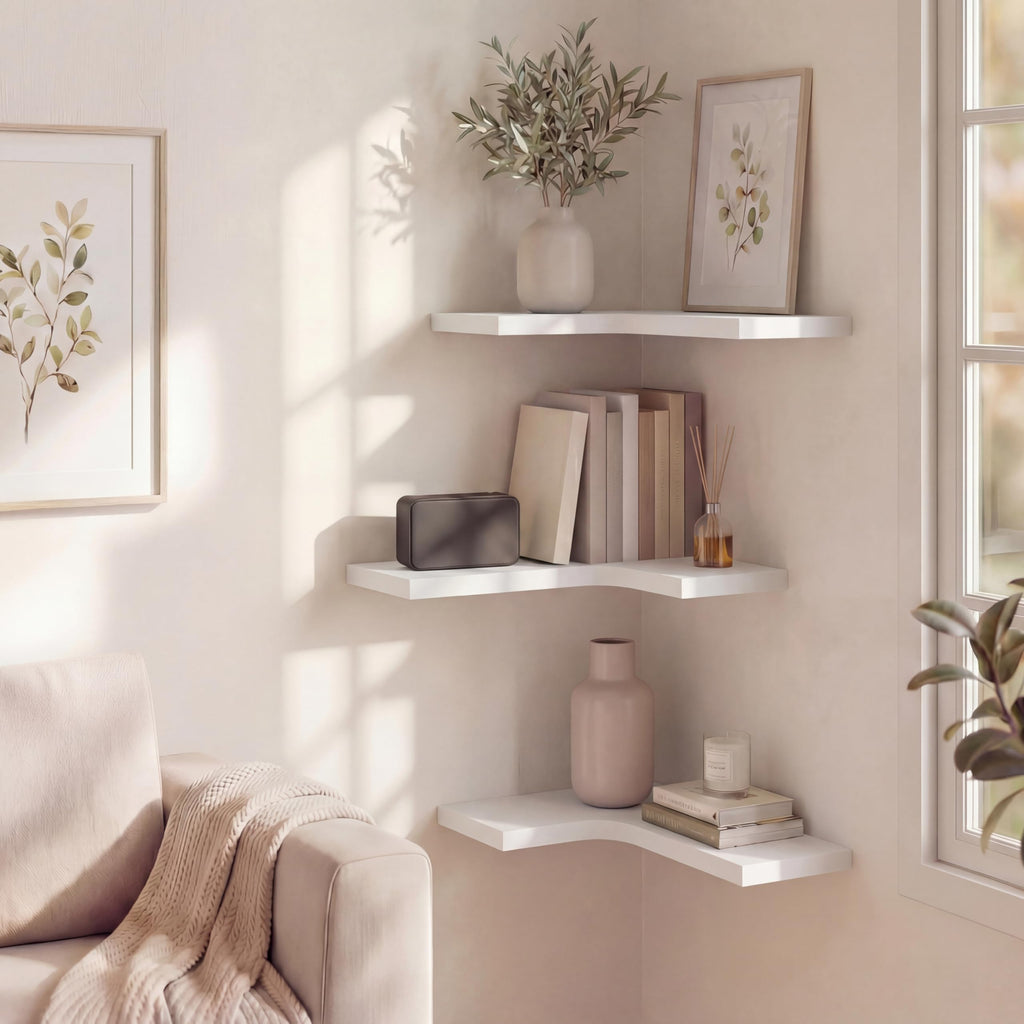Corner Floating Shelves for Wall Mounted L-Shaped Wood Corner Wall Shelf, Hanging Shelf Decor, Set of 3 (White)