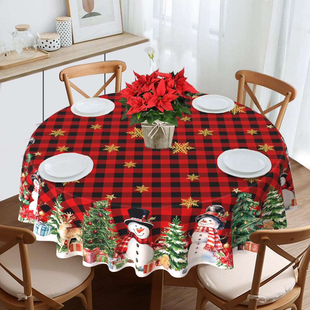 Round Christmas Tablecloth 70 Inch, Snowman Table Cloth Red Xmas Indoor Decorations Party
