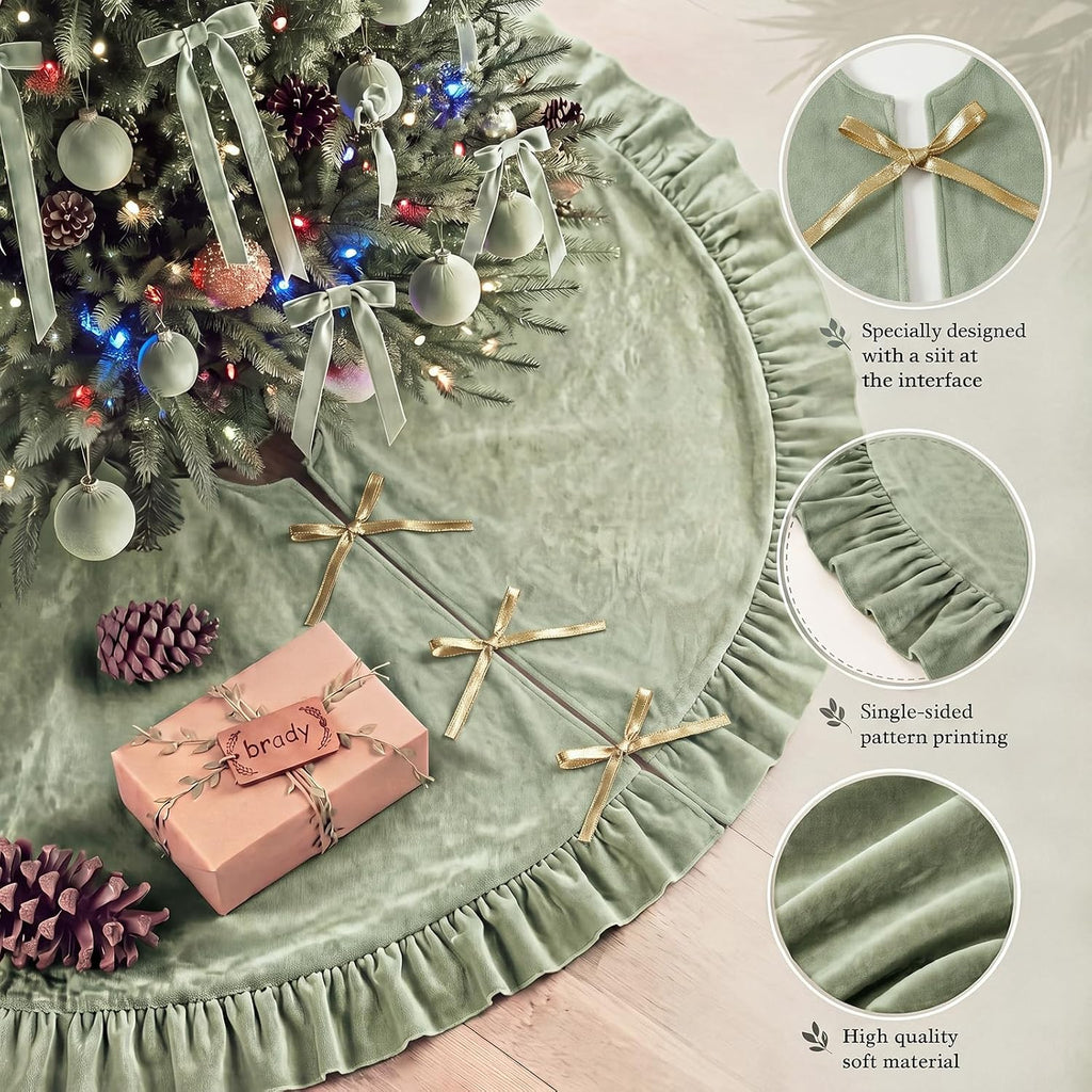 Velvet Christmas Tree Skirt, 48 Inches, Bow Style, Sage Green