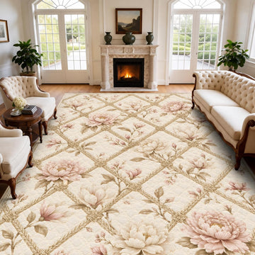 Beige Cream Checkered Floral Area Rug 5'x7' for Girls Bedroom Living Room