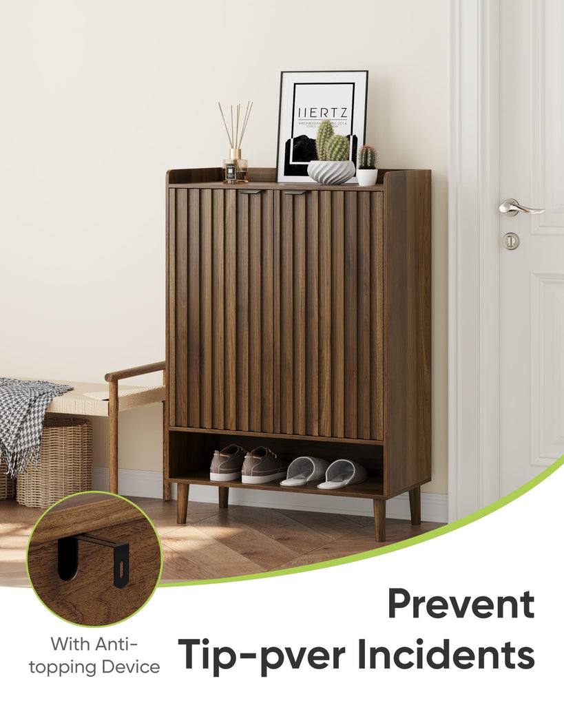 Large 6-Tier Shoe Storage Cabinet with Fluted 2 Doors, 44" Tall Freestanding Entryway Shoe Cabinet with Adjustable