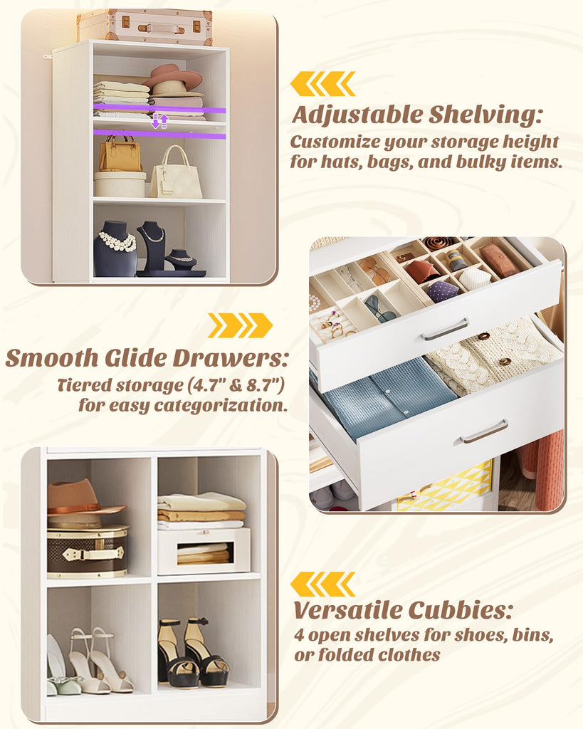 22" Closet System with Drawers, Small Closet Organizer for Walk in Closet, Wardrobe Storage Unit with Storage and