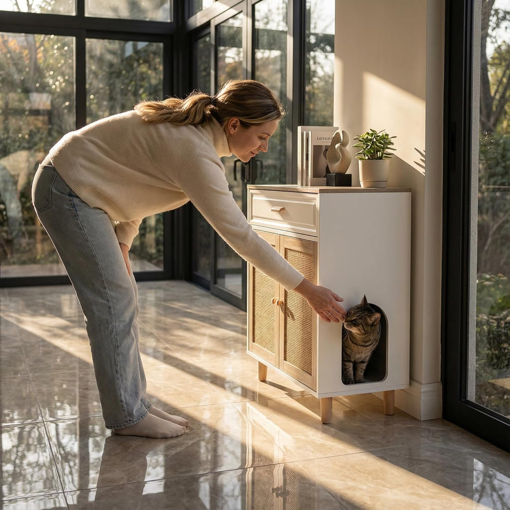 Cat Litter Box Enclosure Furniture Hidden Indoor 2-in-1 Wooden Cat House & Washroom Cabinet with Scratching Board