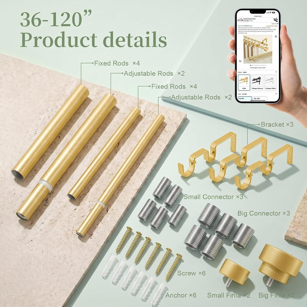 Gold Double Curtain Rods for windows 66 to 120:Adjustable Heavy Duty Double Curtain Rod for Bedroom Living Room,1