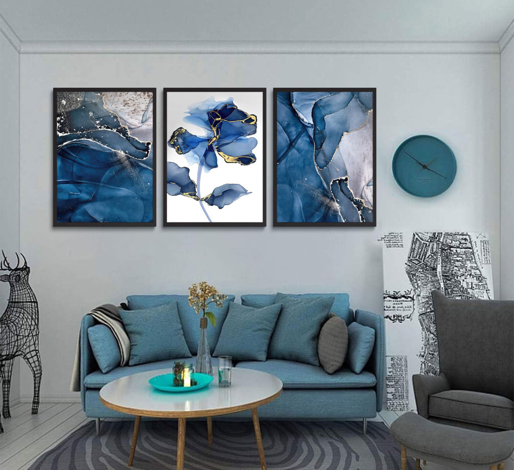 Abstract Marble Wall Art Blue And Gold Wall Decor Modern Canvas Paintings Abstract Flower Poster Picture Bedroom