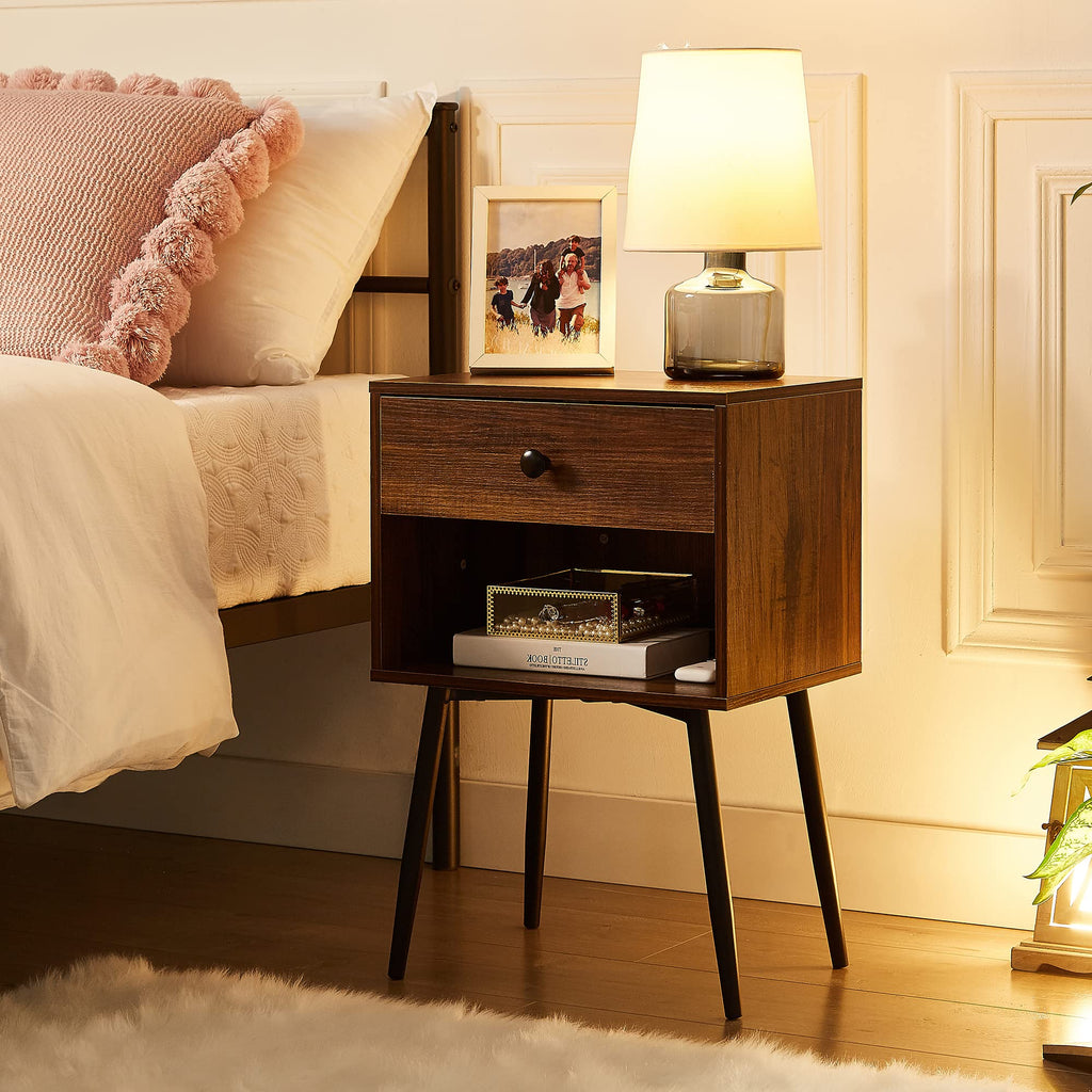 Nightstands Set of 2, Mid Century Modern End Bedside Table, Night Stand with Storage Drawer and 2 Tiers Open Shelf