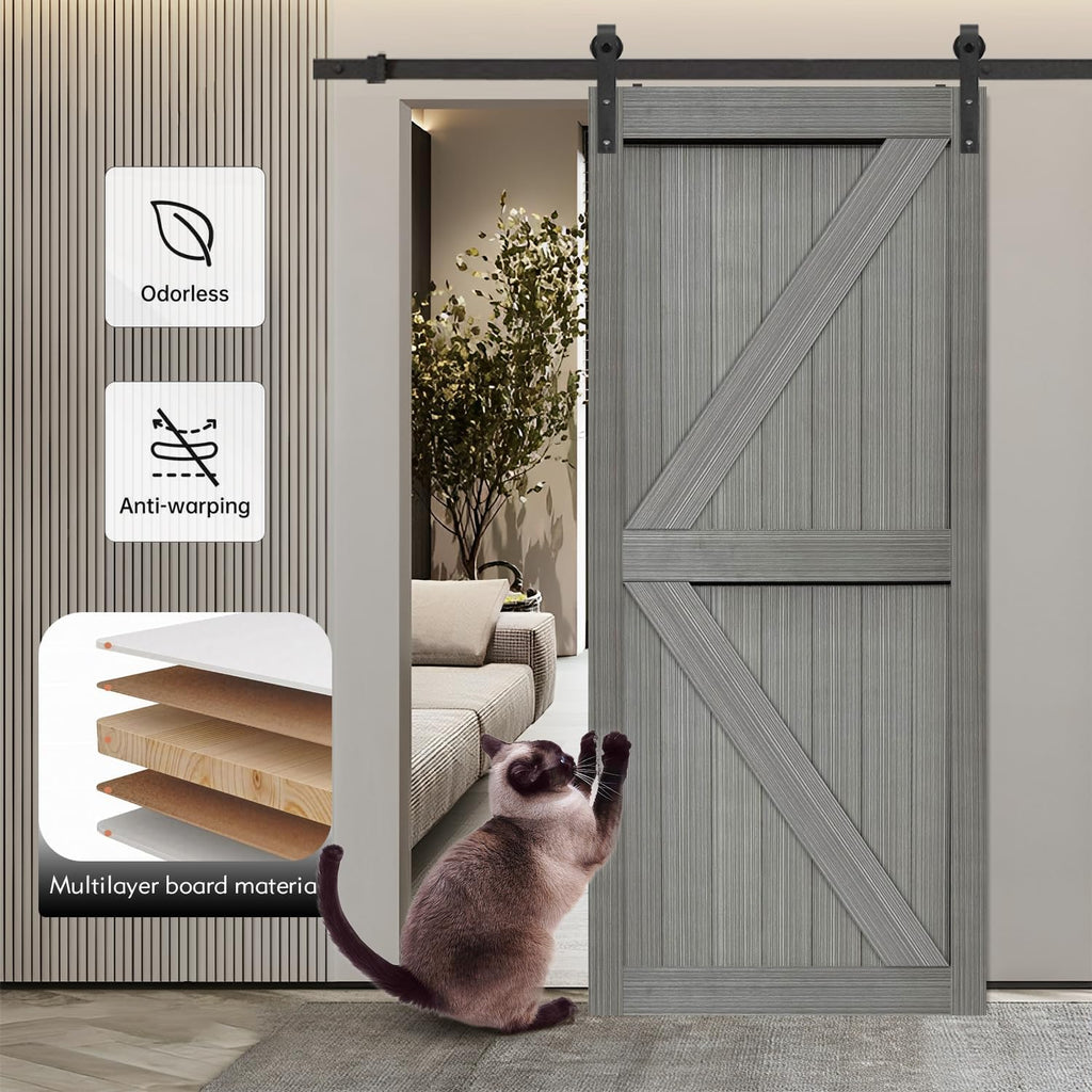 36in x 84in MDF Elephant Gray Barn Door with 6.6FT Sliding Hardware Kit, Solid Barn Door Slab Covere