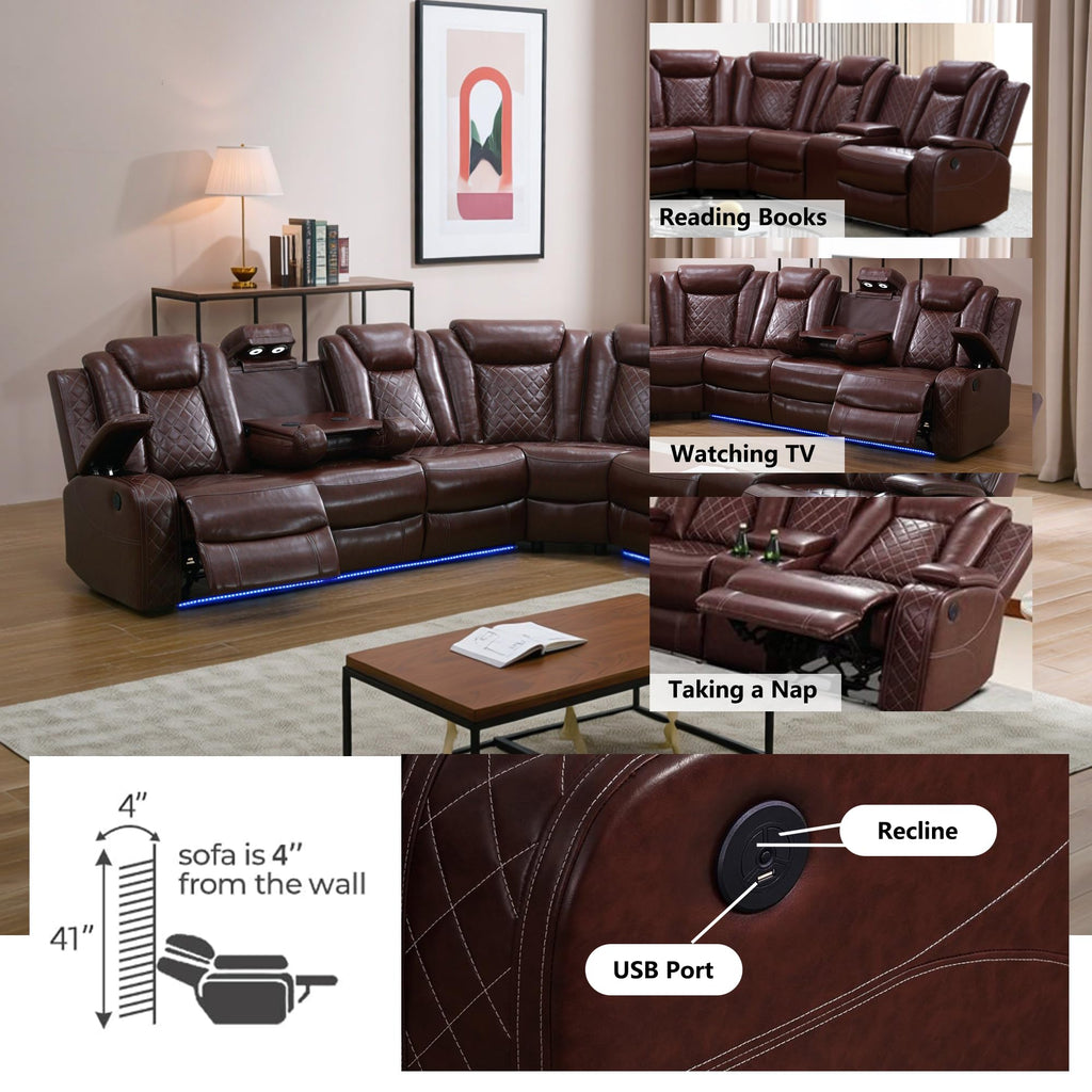 PU Leather Power Recliner Sectional, L-Shape Reclining Couch, 6-Seat Sectional Sofa with LED Lighting/USB