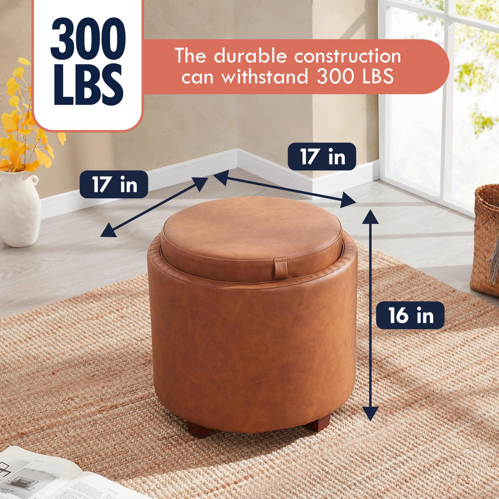 17" Round Storage Ottoman with Tray Top, Faux Leather, Cognac