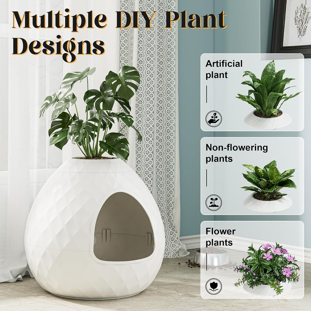 Hidden Enclosed Cat Litter Box with Lid Plant Tray, Dome Litter Box