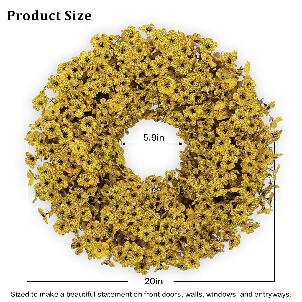 20" Yellow Fall Wreath for Front Door, Artificial Mums Autumn Wreath